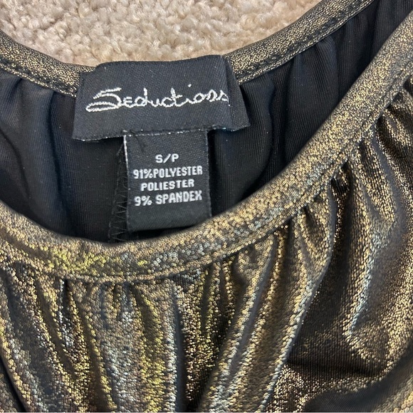 SEDUCTION metallic gold short sleeve ruched crisscross back blouse Sz S - Picture 7 of 10